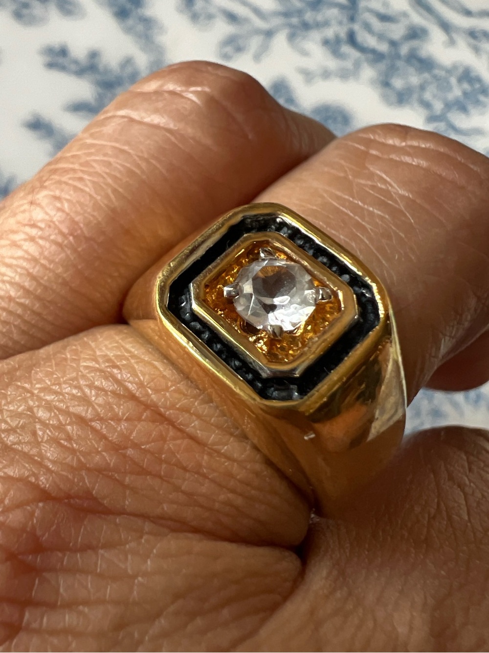 Mens Ring Size 8.5 & 9.75 Gold Black Enamel CZ Signet Ring